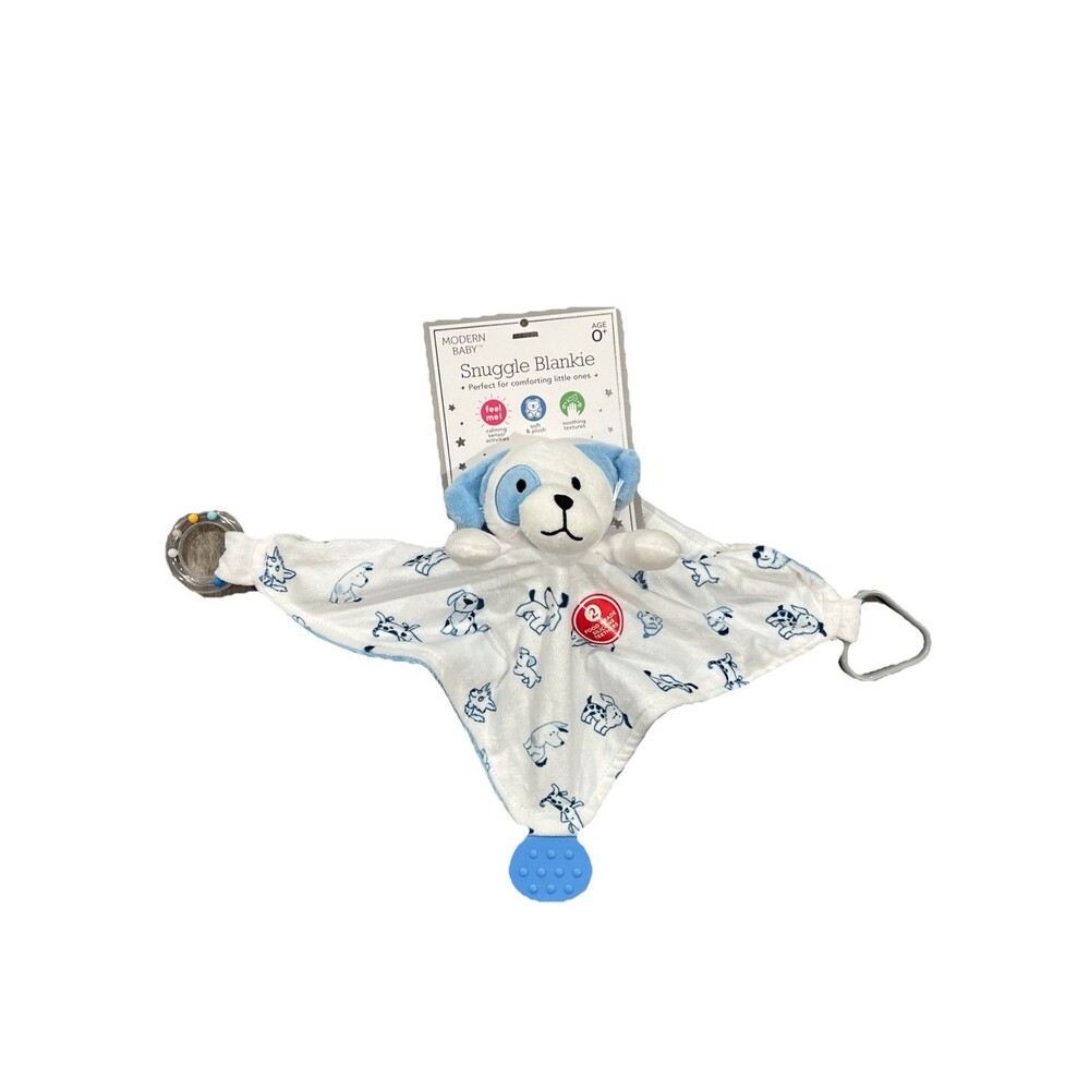 Modern Baby Snuggle Blankie Blue Puppy Dog Lovey Rattle Teether Dogs Print New